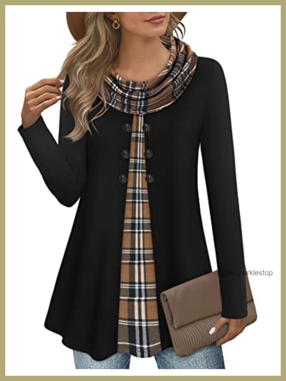 Womens Long Sleeve Cowl Neck Splicing Tunic Top Button A Line Warm Winter